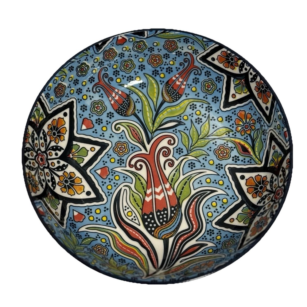 Boho Floral Ceramic Bowl Blue Folk Art Serving Bowl Colorful Kitchen Decor 8"